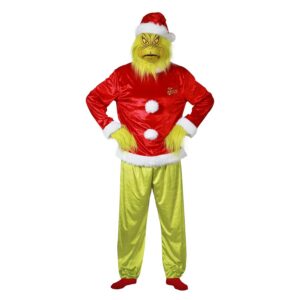 Chaks - Costume Le Grinch™, ensemble de 5 pièces pour adultes, pour le carnaval, tenue de Noël avec masque, bonnet, haut, pantalon, gants