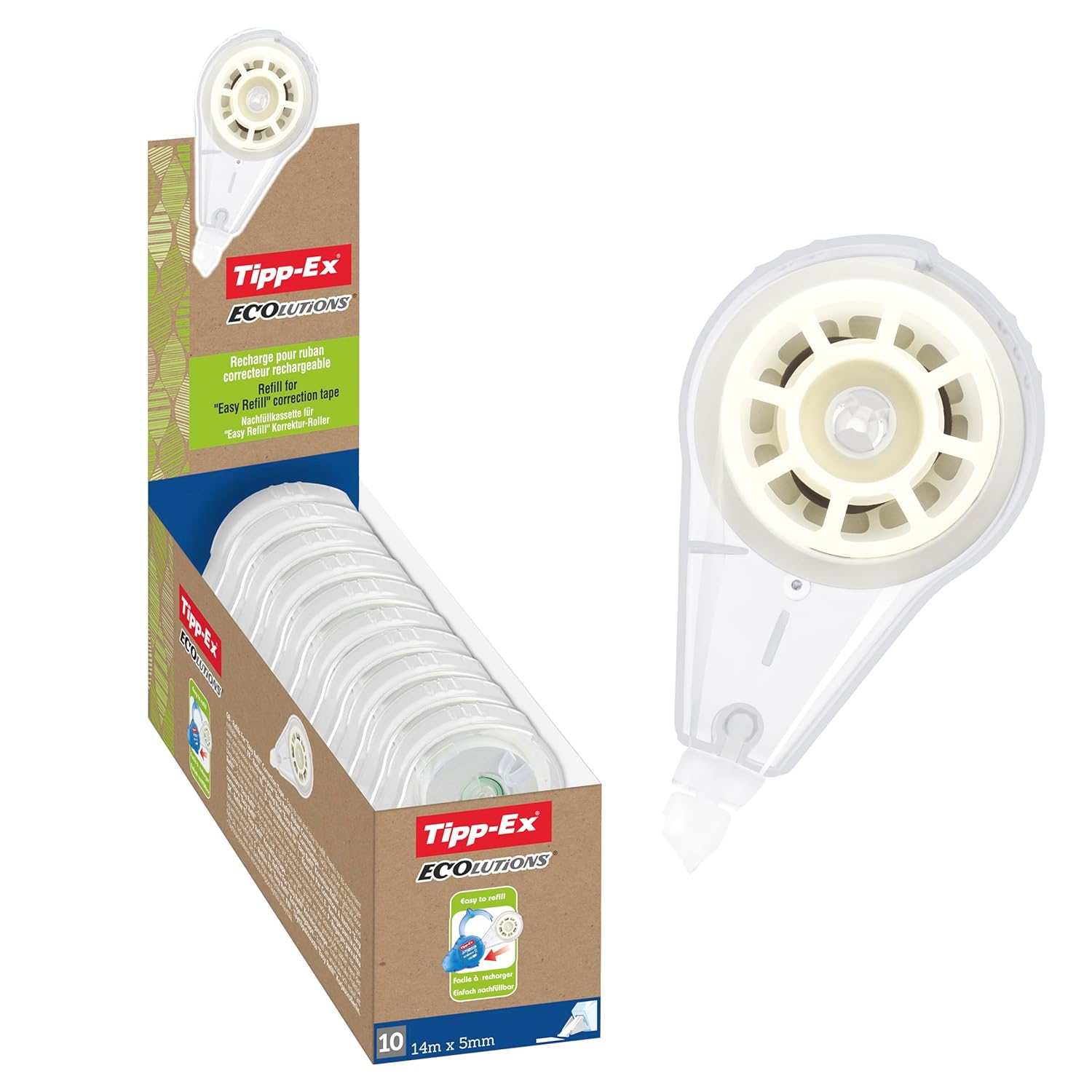 Tipp-Ex Easy Refills ECOlutions Recharges Ruban Correcteur - 14 m x 5 mm, Parfait pour l'Ecole et au Bureau, Boîte de 10