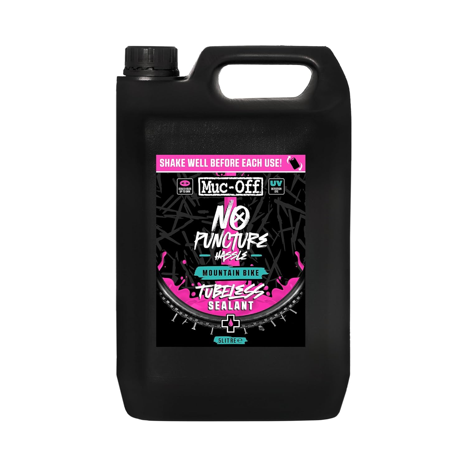 Muc-Off No Puncture Hassle Produit anti-crevaison Tubeless - 5 l - Produit Anti-Crevaison Pneu Vélo avec Colorant de Détection UV - Bouche les Déchirures et les Trous jusqu'à 6 mm