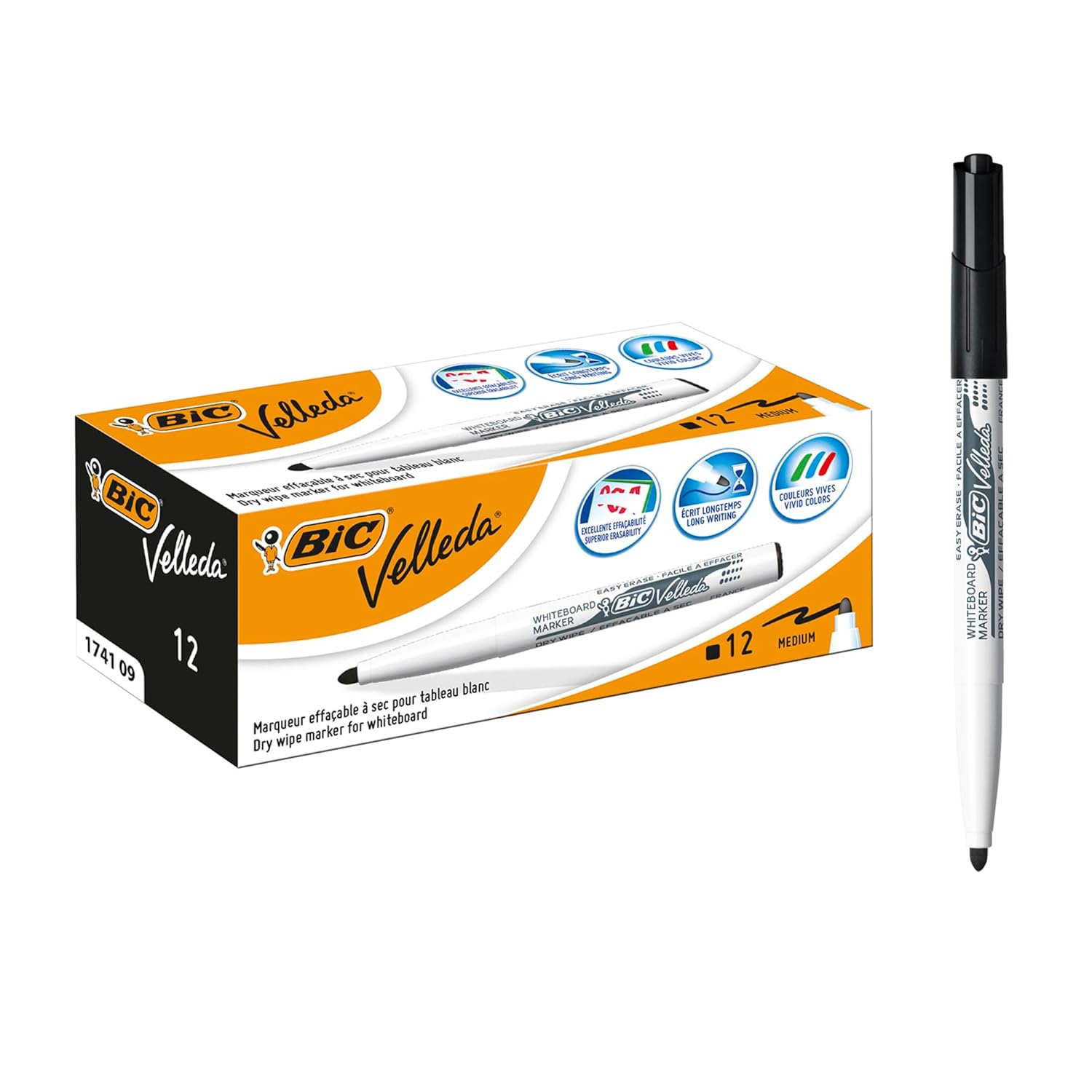BIC VELLEDA MARCADOR 1741 PIZARRA BLANCA PUNTA REDONDA NEGRO CAJA -12U, Noir, 1 Unité (Lot de 12)