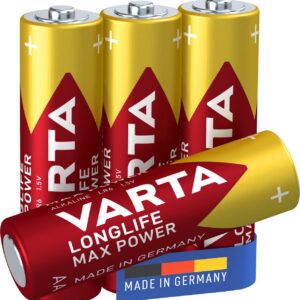 VARTA Piles AA, lot de 4, Longlife Max Power, Alcalines, 1,5V, adaptées aux appareils photo numériques, contrôleurs, tensiomètres, Made in Germany