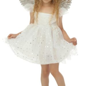P'TIT CLOWN - Déguisement Ange pour Fille - Robes, Ailes - Costume Enfant Parfait pour Anniversaires, Carnaval, Cosplay, Fêtes Costumées et Évènements à Thème - Blanc, Argent (5-6 ans)