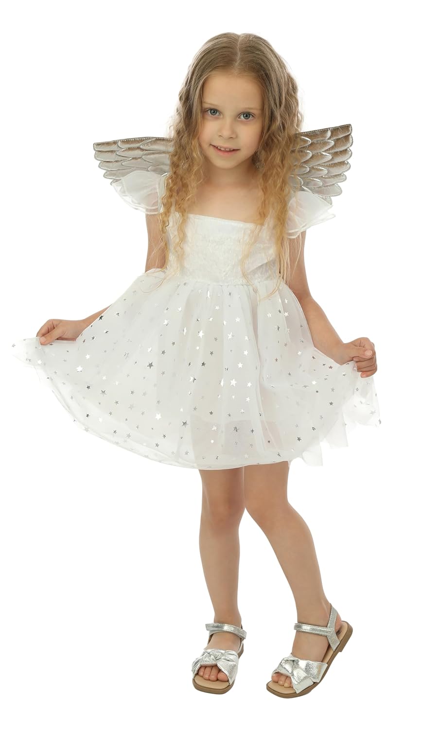 P'TIT CLOWN - Déguisement Ange pour Fille - Robes, Ailes - Costume Enfant Parfait pour Anniversaires, Carnaval, Cosplay, Fêtes Costumées et Évènements à Thème - Blanc, Argent (5-6 ans)