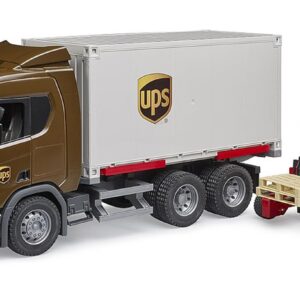 bruder 03582 - Scania Super 560R Camion logistique UPS avec chariot élévateur embarqué, Véhicules, Livraison de colis, Expédition, Chariot élévateur, Transporteur, Jouets à partir de 4 ans