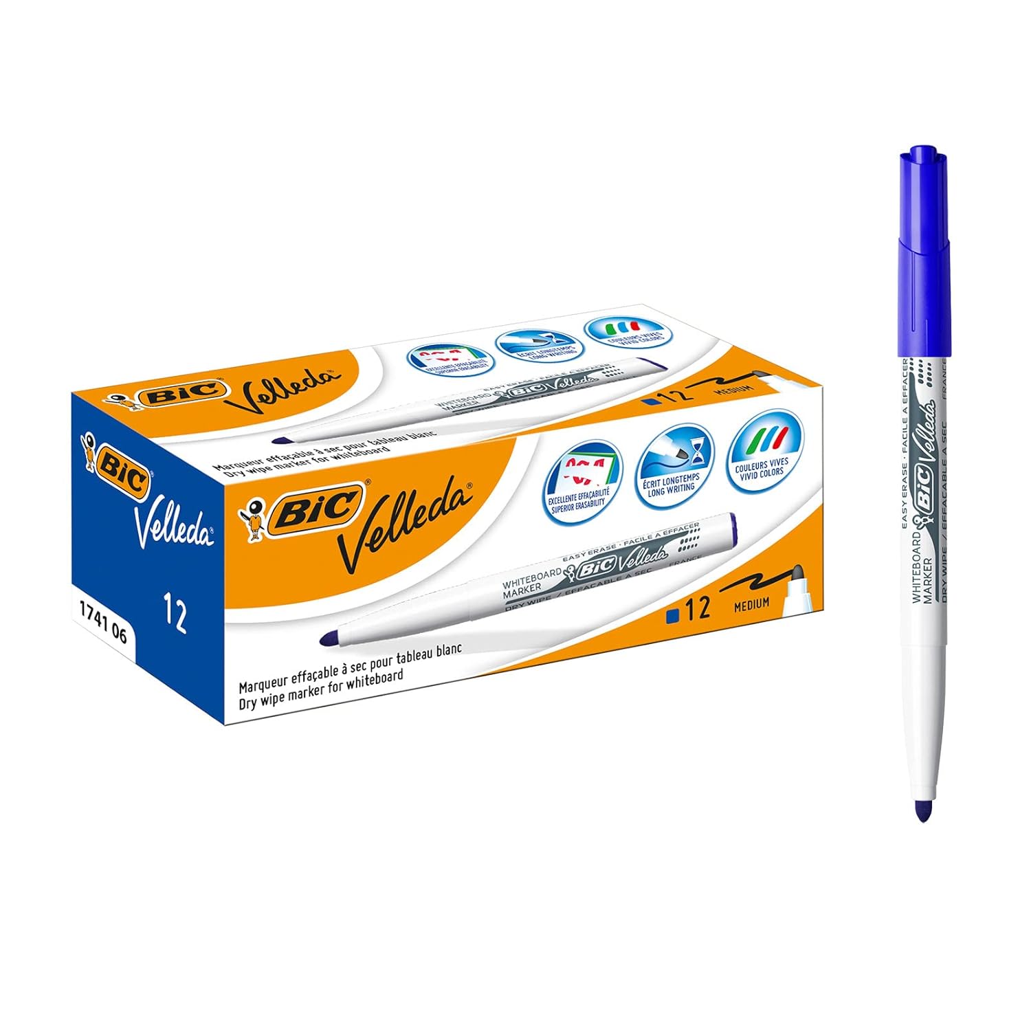 BIC Velleda 1741 Feutres pour Tableau Blanc Effaçables à Sec, Pointe Conique Moyenne - Bleu, Boîte de 12
