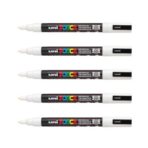 POSCA - Mitsubishi Pencil - 5 Marqueurs Blanc PC-3M - Pointe Conique Fine - Marqueur Peinture à Base d'Eau - Tout Support - Pour Papier, Textile, Verre, Galet, Bois