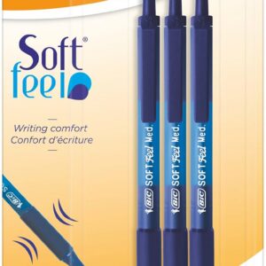 BIC Soft Feel - Stylos-Bille Rétractables avec Grip en Caoutchouc, Pointe Moyenne (1,0 mm) - Bleu, Blister de 3