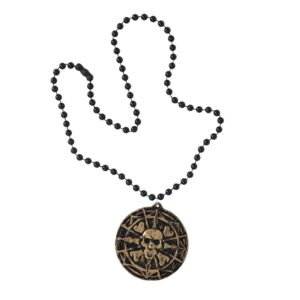 P’TIT CLOWN - 23896 - Collier de Pirate avec Pendentif - Bijoux avec Boussole et Tête de Mort - Accessoire Déguisement Carnaval, Halloween, Cosplay - 42 cm - Noir, Doré