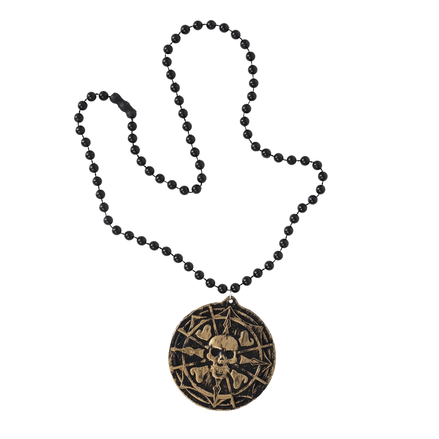 P’TIT CLOWN - 23896 - Collier de Pirate avec Pendentif - Bijoux avec Boussole et Tête de Mort - Accessoire Déguisement Carnaval, Halloween, Cosplay - 42 cm - Noir, Doré