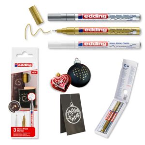 edding 780 Marqueur peinture brillante - blanc, or, argent (métallisé) - 3 feutres peinture brillante - pointe extra fine,8 mm - pour dessin, coloriage, scrapbooking - étanche, très opaque, métallique