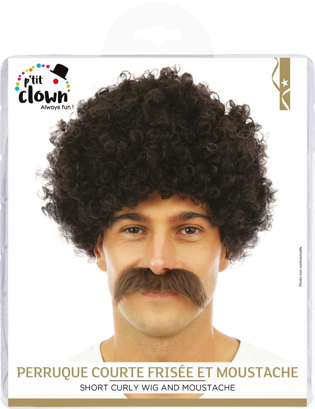 P'TIT CLOWN — Perruque Homme Frisée avec Moustache Brun – Image 3