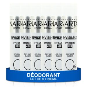 NARTA - Déodorant Homme - Invisimax Spray 0% d'Alcool Efficacité 48h Anti-Traces Blanches - lot de 6x200ml