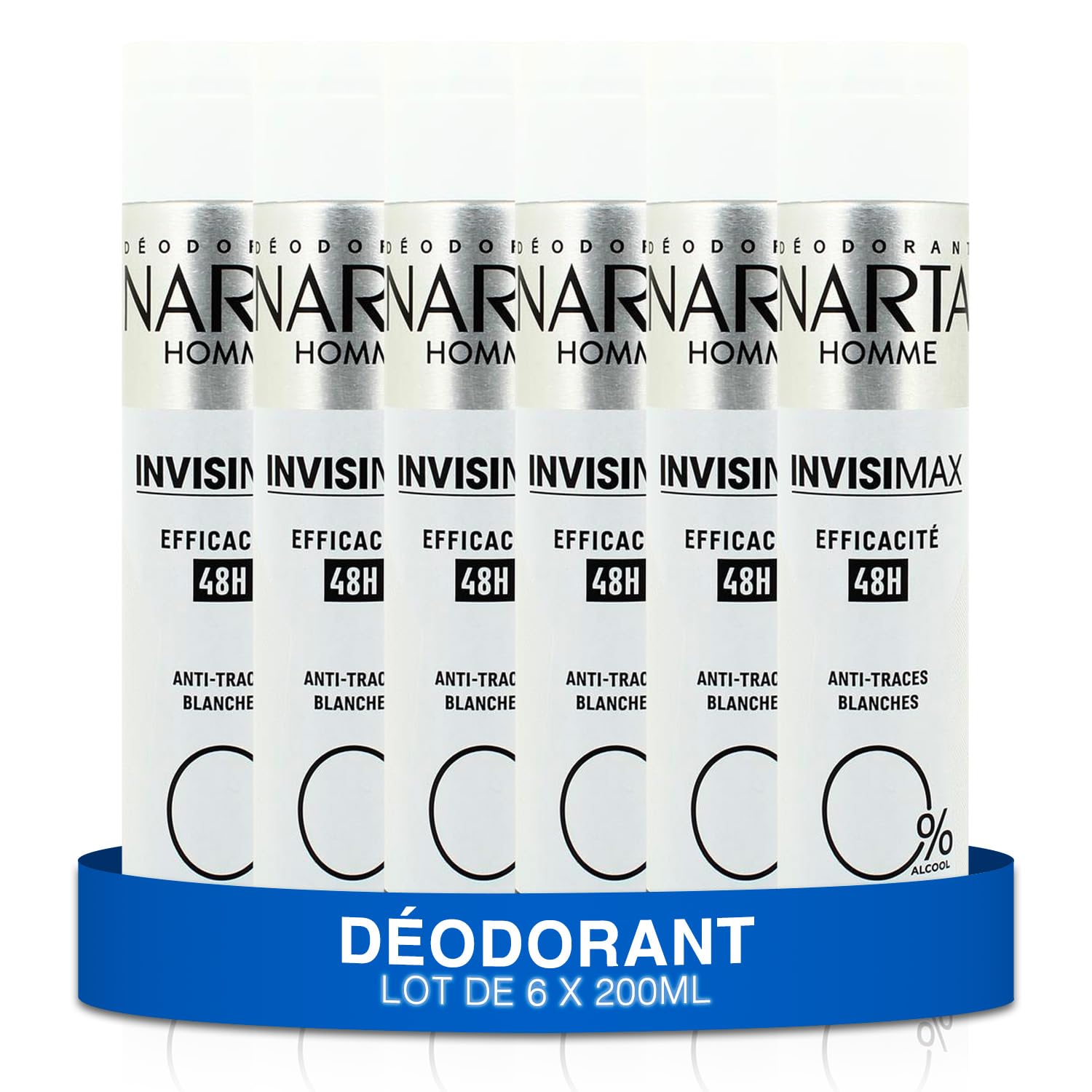 NARTA - Déodorant Homme - Invisimax Spray 0% d'Alcool Efficacité 48h Anti-Traces Blanches - lot de 6x200ml