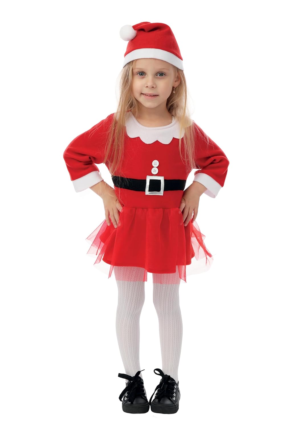 P'TIT CLOWN - Costume Mère Noël Enfant - Fille - Robe Tutu Mere Noel, Bonnet - Christmas Dress - Miss Santa - Parfait pour Déguisement Fête de Fin d'Année - Polyester - Rouge (3-4 ans)