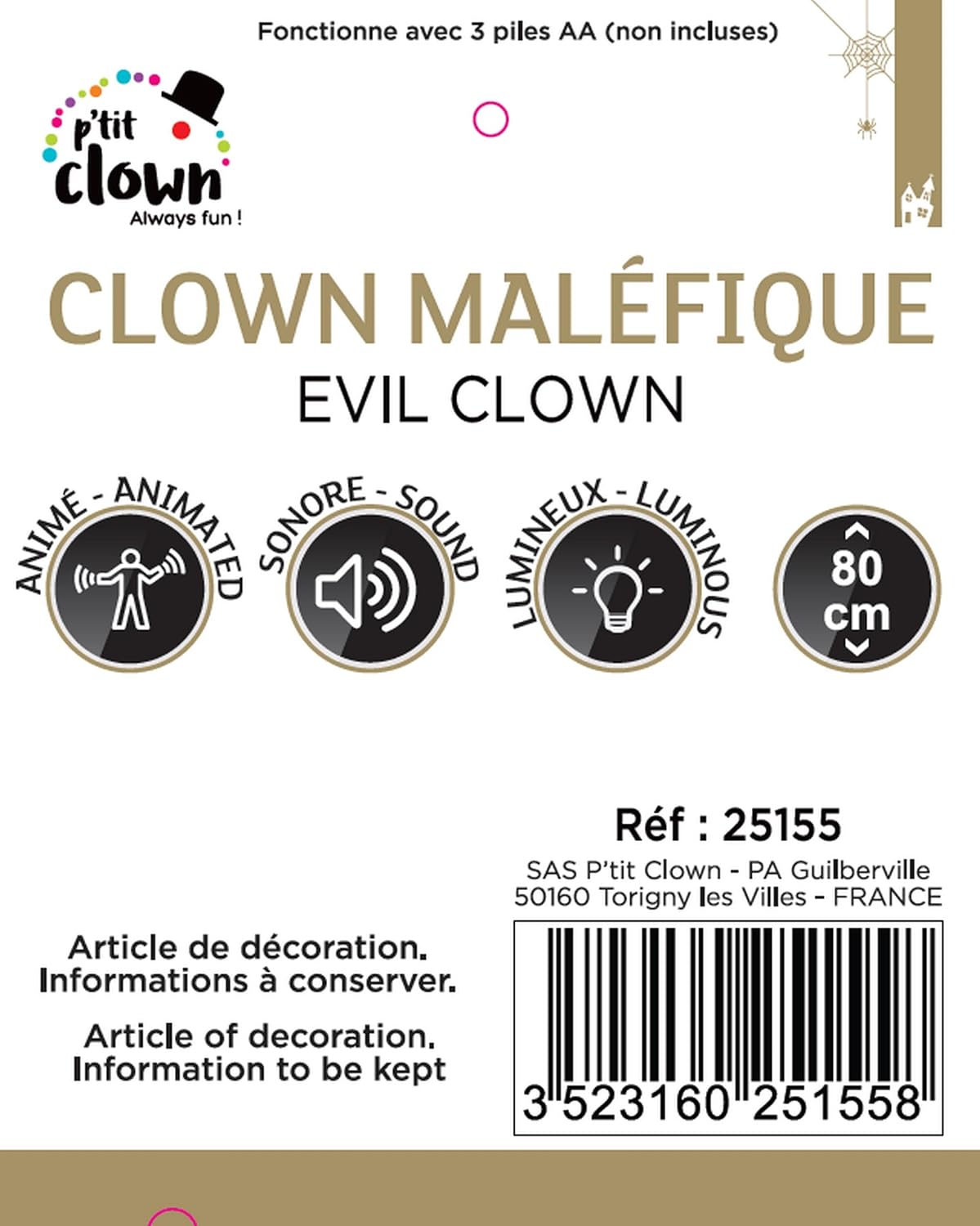 P'TIT CLOWN — Automate Halloween animé sonore et lumineux 80 cm – Image 2