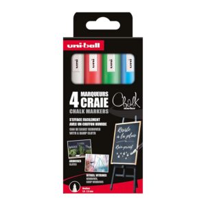 UNI-BALL Chalk Marker - Uni Mitsubishi Pencil - Marqueurs Craie PWE-5M - Marquage Éphémère, Résistant à la Pluie - Pointe Conique Medium, Emballage Zéro Plastique - Lot de 4 Couleurs Assorties