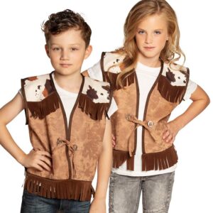 Boland Mixte Gilet Sauvetage Aspect cuir avec franges et taches de vache pour cowboy ou luge D guisement carnaval, Blanc., 10-12 ans EU