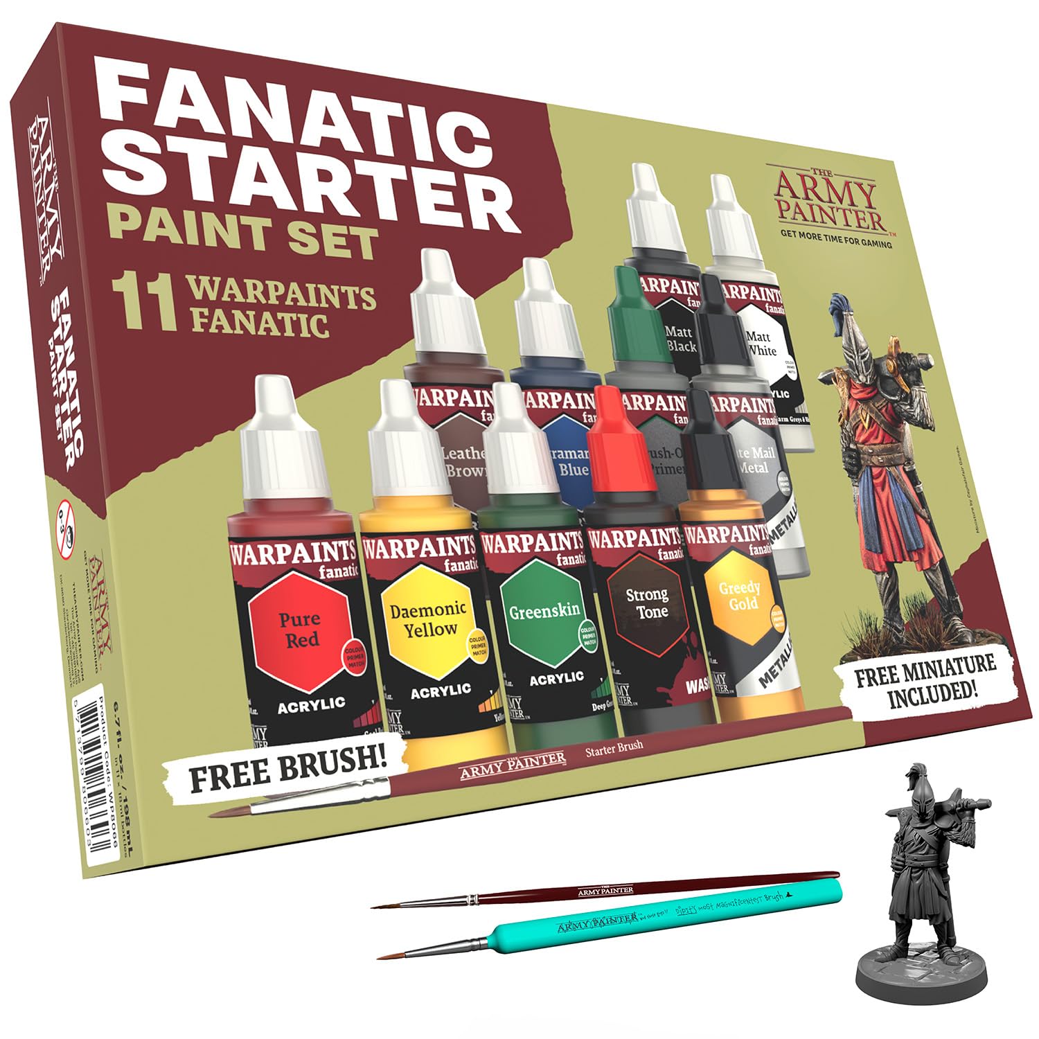 The Army Painter, Warpaints Fanatic Starter Set Combo, 11 x 18 ml Peintures Acryliques incl. 2 Métalliques, 1 Lavis, 2 Pinceaux & 1 Figurine Gratuite - Peinture pour D&D & Warhammer Miniatures.