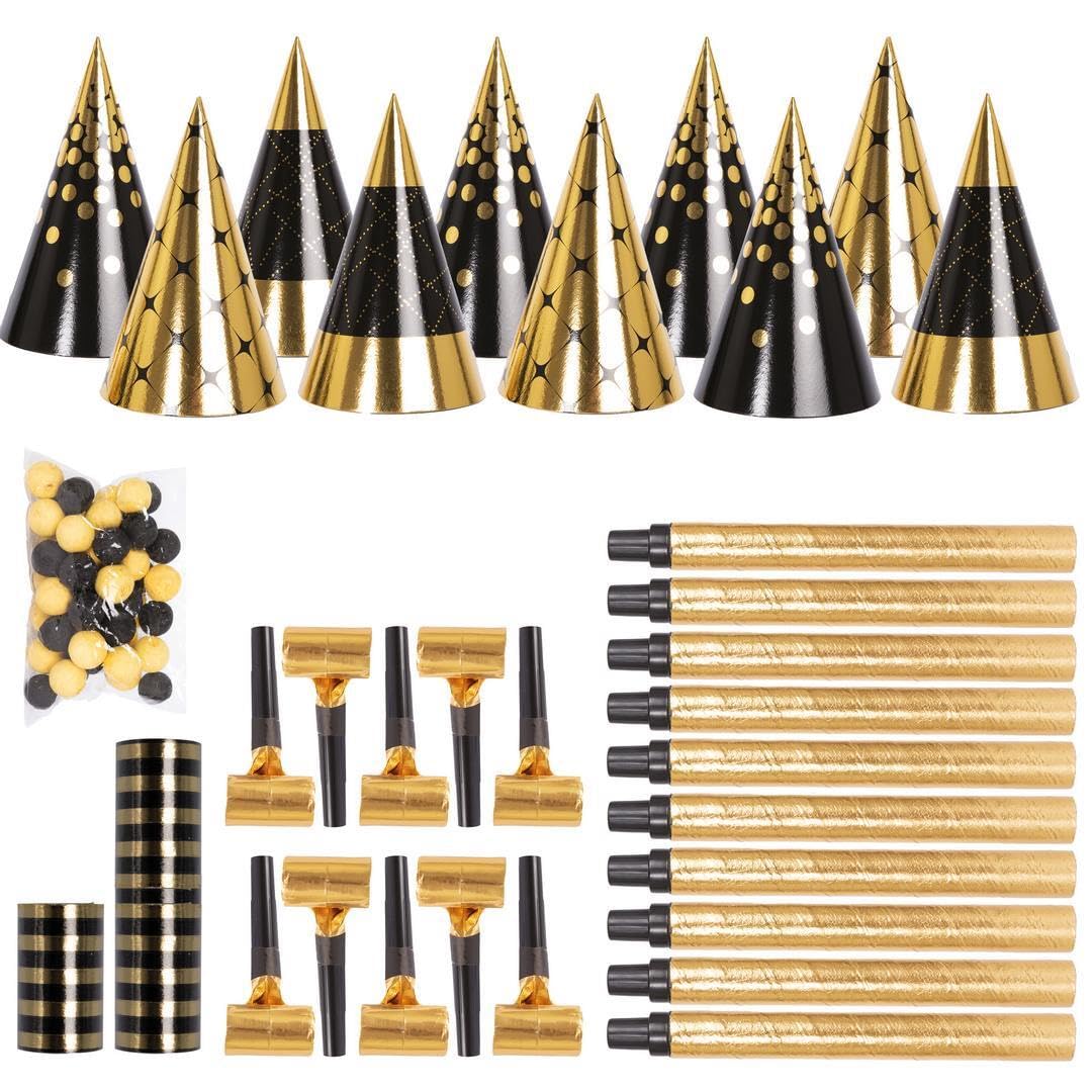 P'TIT CLOWN - 24359 - Kit Cotillons 10 Personnes - Accessoires de Fête Nouvel An - Chapeaux Sarbacanes Confettis Serpentins - Party Set New Year - Or et Noir