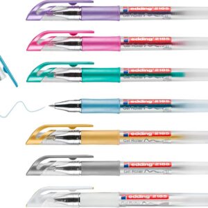 edding 2185 Roller à encre gel - blanc, or, argent, bleu, vert, rose, violet - étui de 7 -,7 mm - stylo gel pour écrire, dessiner, pour mandalas, bullet journals - roller gel, stylo roller