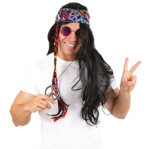 P'TIT CLOWN - 68604 - Perruque Hippie Lisse - Hippie's Wig - Accessoire de Déguisement - Carnaval, Festival, Pride, Nouvel An, Halloween, Fête à Thème - Cheveux Synthétiques - Noir