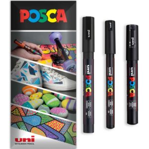 Posca - Stylo-peinture marqueur permanent à base d'eau - Utilisation sur plusieurs surfaces - PC-1MR, PC-1M, PC-3M - Lot de 3 stylos dans un étui (Noir)