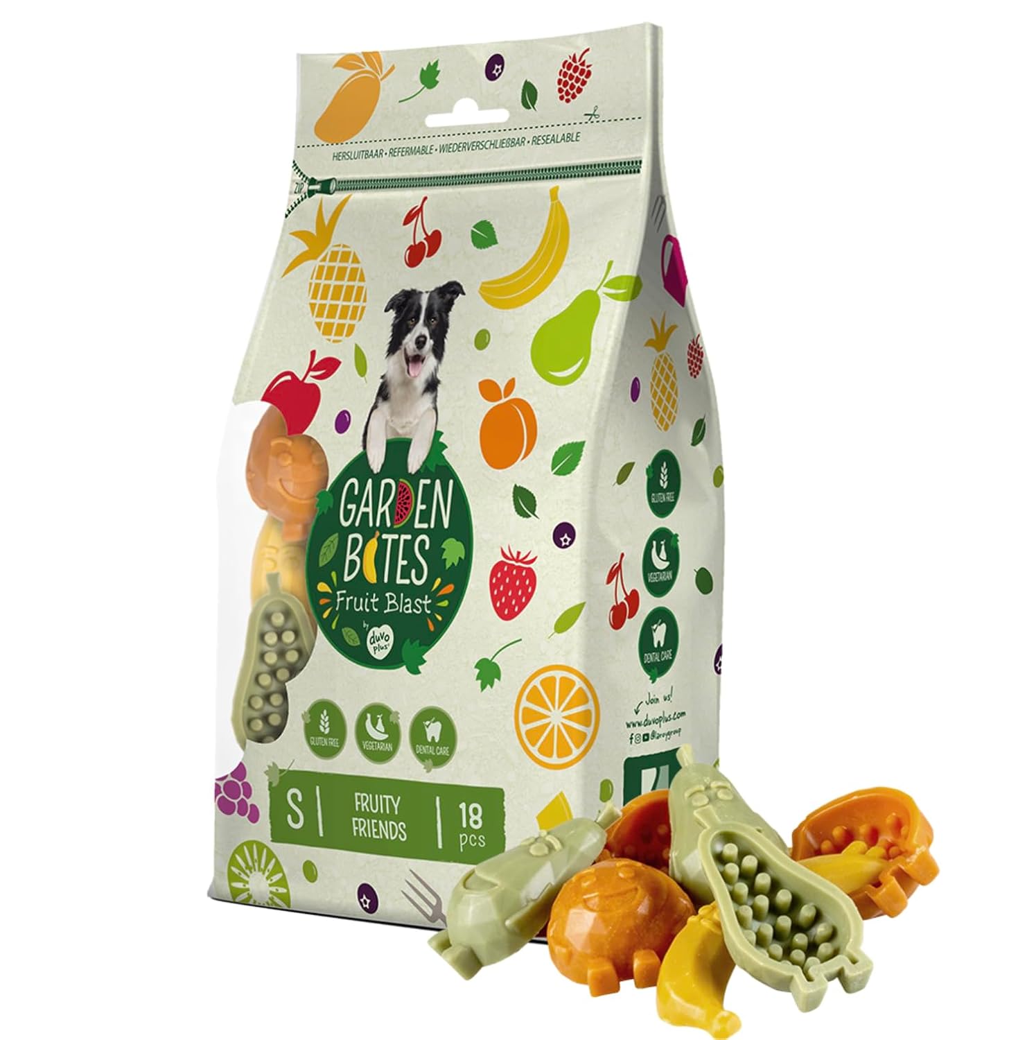 Duvo+ Friandises à macher 18pcs couleurs mélangées pour chien snacks végétariens sans gluten soin dentaire haleine fraîche