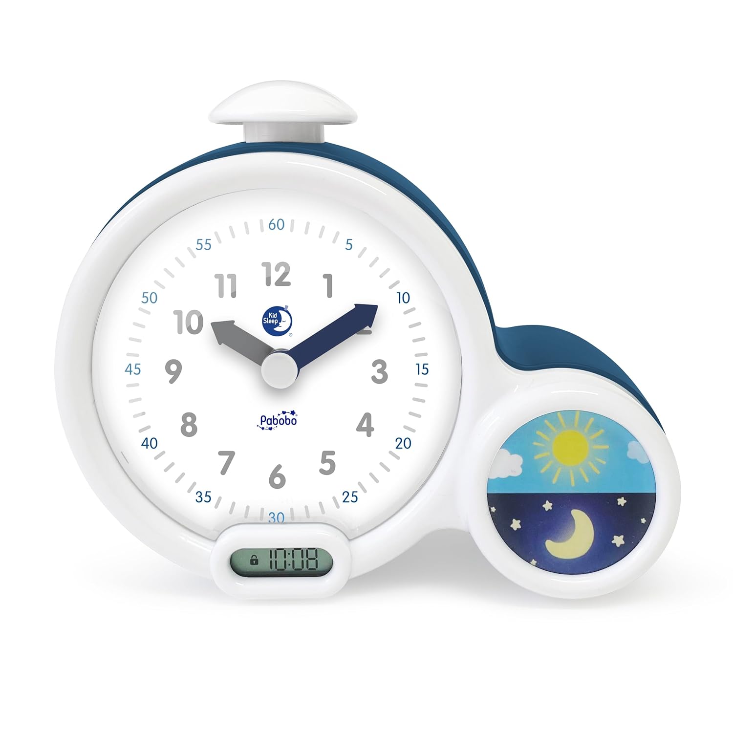 Pabobo x Kid Sleep - Réveil Educatif – Veilleuse - Enfant - Jour/Nuit - Affichage Digital - 3 Alarmes au choix - Fille et Garcon - Secteur ou à Piles - Clock - Bleu