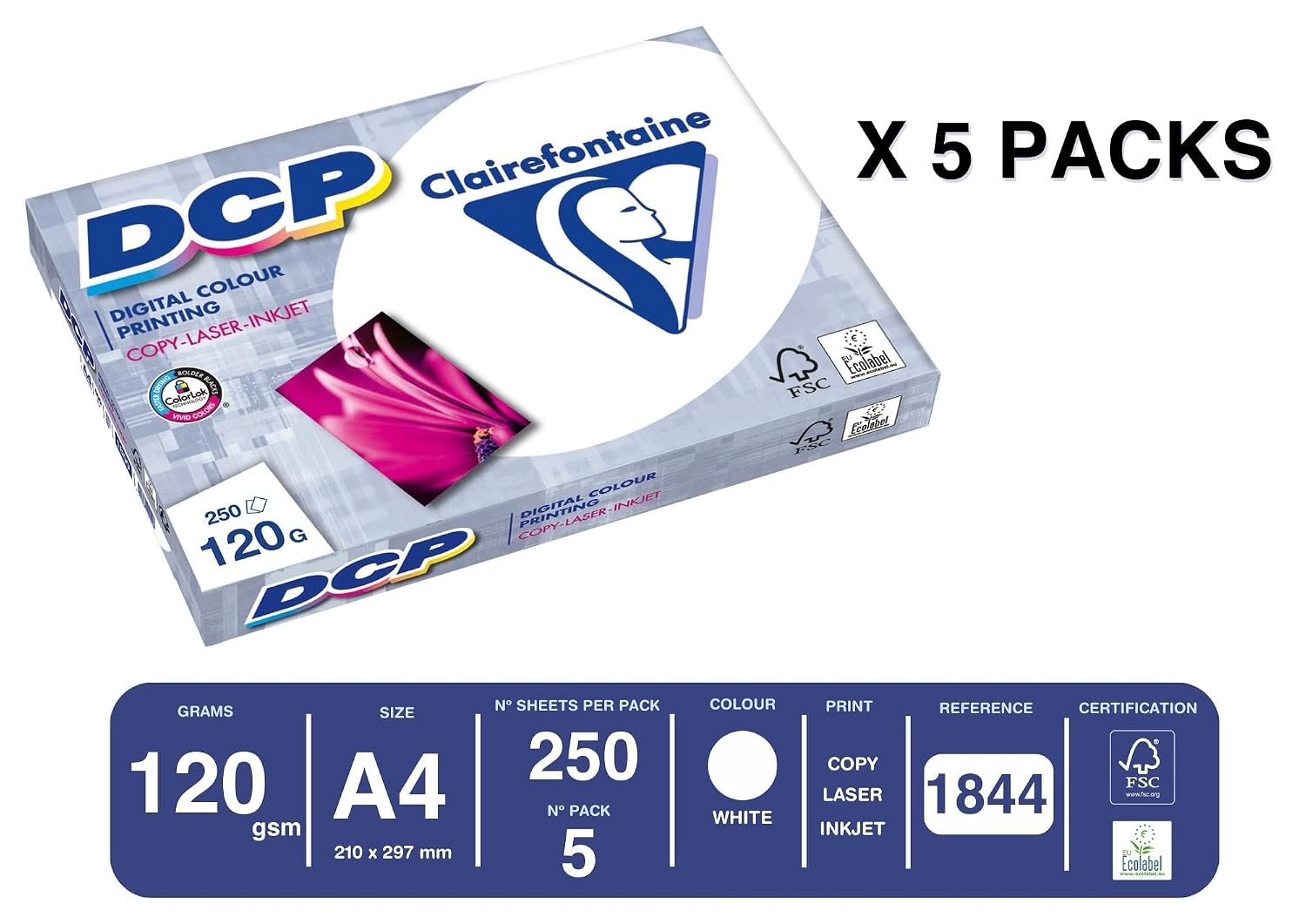 Clairefontaine - Réf. 1844C – 1250 feuilles de papier blanc au format A4 - Digital Color Printing 120 g/m² – Carton contenant 5 ramettes de 250 feuilles – Couleur : Blanc (170 CIE) – Image 2