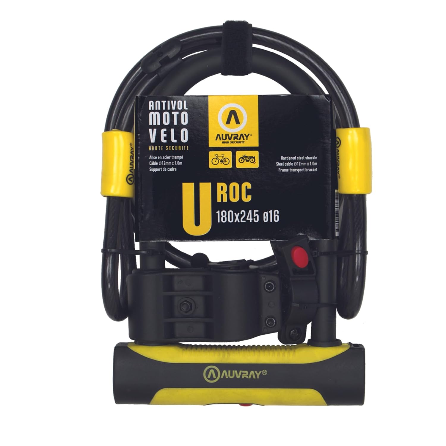 AUVRAY - Antivol vélo U + Cable - Certifié Art - U ROC Art 180 X 245 D.16 + Cable 100 D.12 + Support 2 CLES - Câble Haute Résistance - Facile à Transporter et à Stocker - Haute sécurité