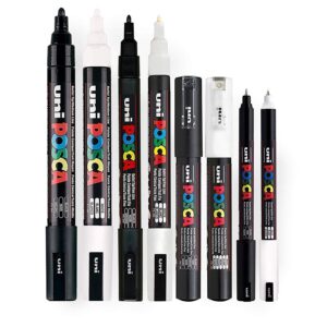 Posca Lot de 8 stylos à pointe fine à moyenne noirs et blancs (PC-5M, PC-3M, PC-1M, PC-1MR)
