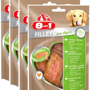 8in1 Fillet Pro Digest Friandises pour chiens adultes et seniors de grandes races – Favorise la santé digestive – Au poulet – Lot de 4 x 80g
