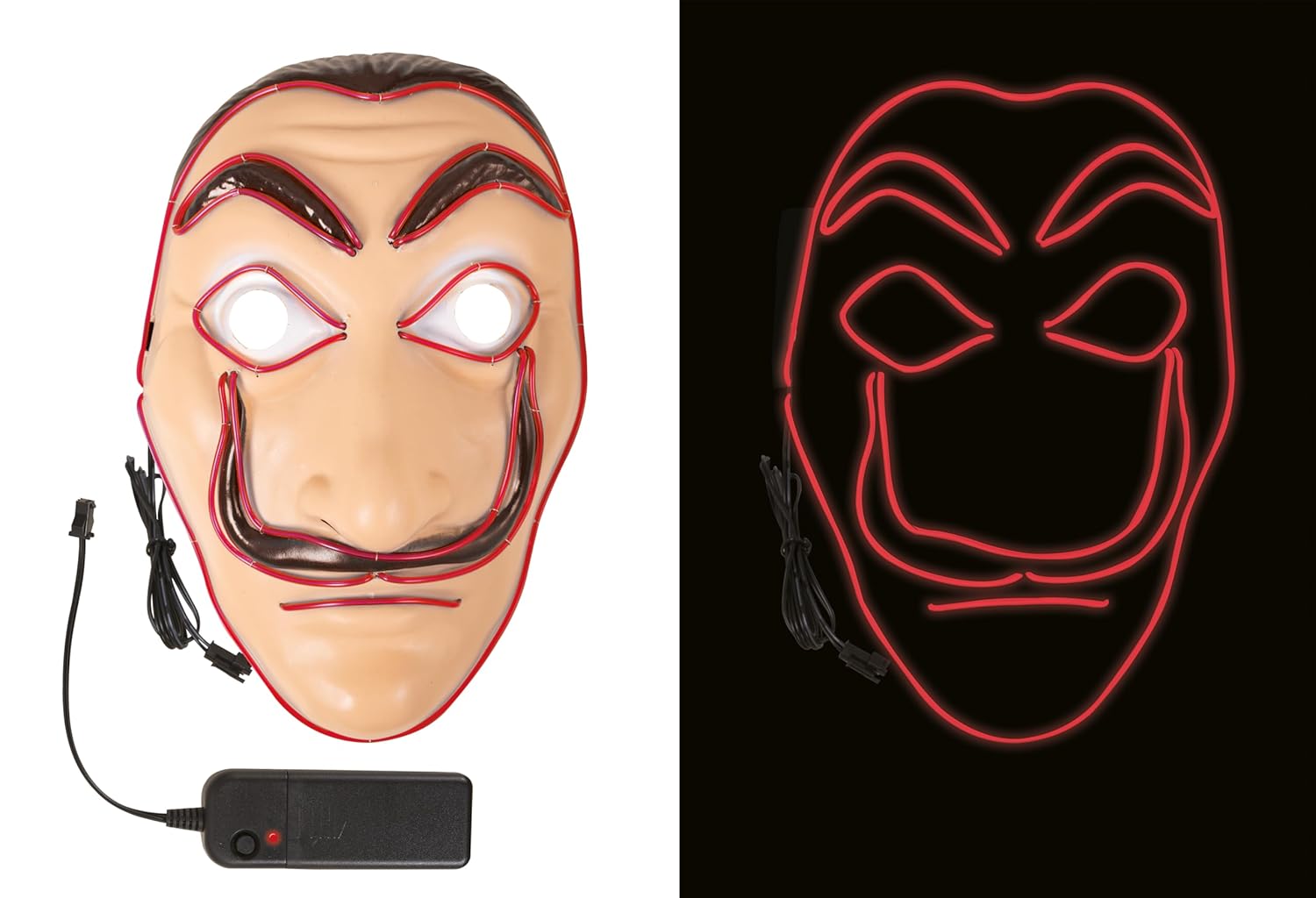 P'tit Clown - 54061 - Masque LED Braqueur - Accessoire Déguisement Adulte - Lumineux - 3 Modes d'éclairage - Parfait pour Halloween, Carnaval, Cosplay, DJ - Fonctionne avec 2 Piles AA (Non Incluses)