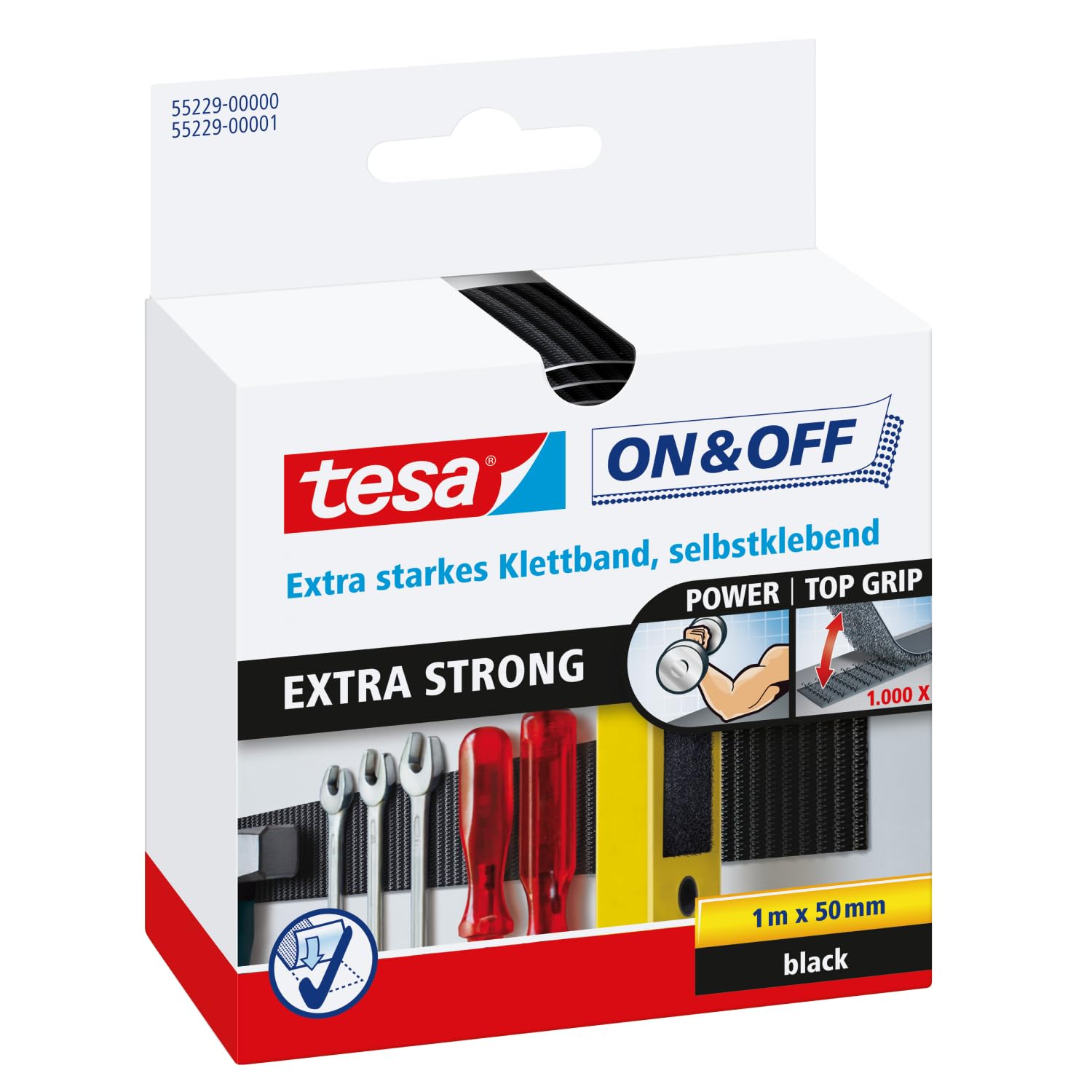 Tesa on & off bande adhésive auto agrippante extra forte – fixation d'objets lourds comme les outils – Bande 50 mm x 100 cm, Noir