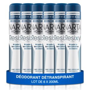 NARTA - Déodorant Homme - Resixyl Détranspirant Spray Compressé Toucher Sec 4 Jours Anti-Irritations Sans Alcool - lot de 6x200ml