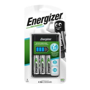 Energizer Recharge - Piles Rechargeables avec Chargeur Express - charge complète en 1 heure ou moins - Compatible NiMH AA et AAA - 4 Pile AA 2300 mAh incluses