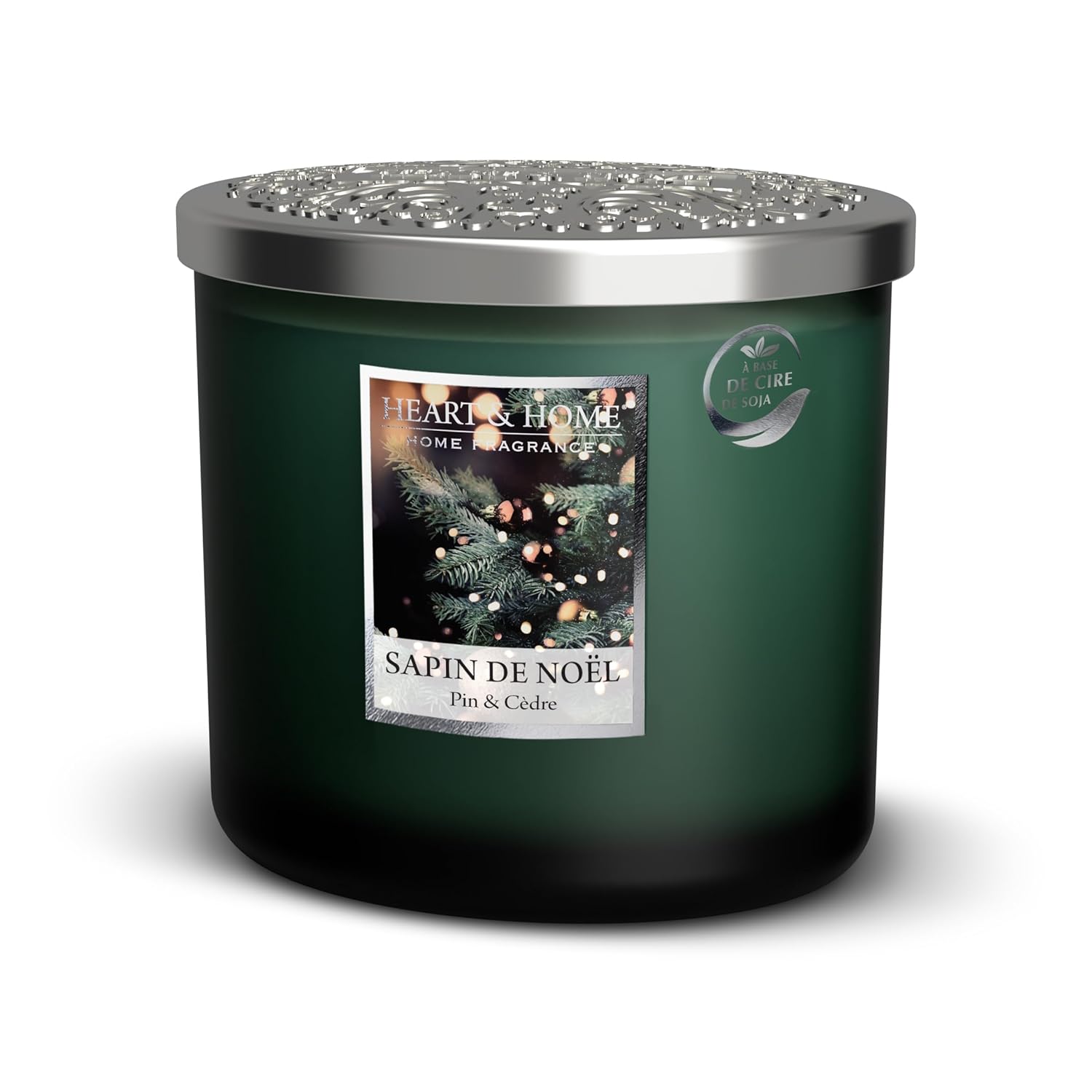 HEART & HOME - Bougie Parfumée à Base de Cire Naturelle de Soja pour la Maison - Ellipse 2 mèches Sapin de Noël - Durée de combustion 40h - Cadeau, Décoration et Parfum pour la Maison - Pot en verre