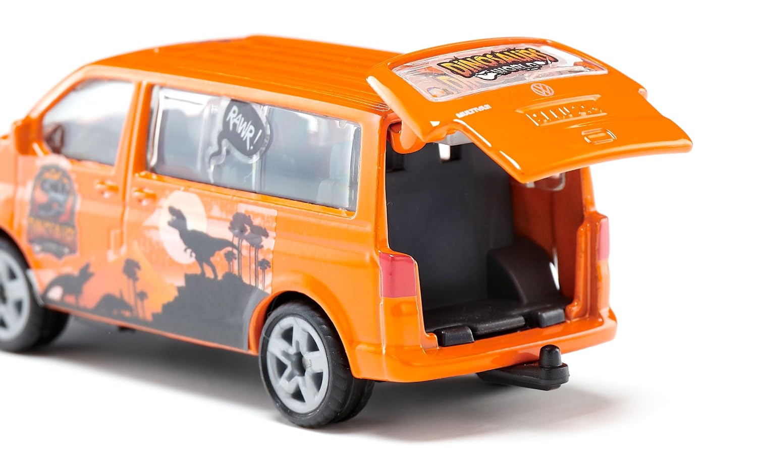 siku 1070, VW T5 Multivan avec Autocollants Dino, Métal/plastique, Orange, Hayon arrière ouvrable, Attelage de remorque – Image 3