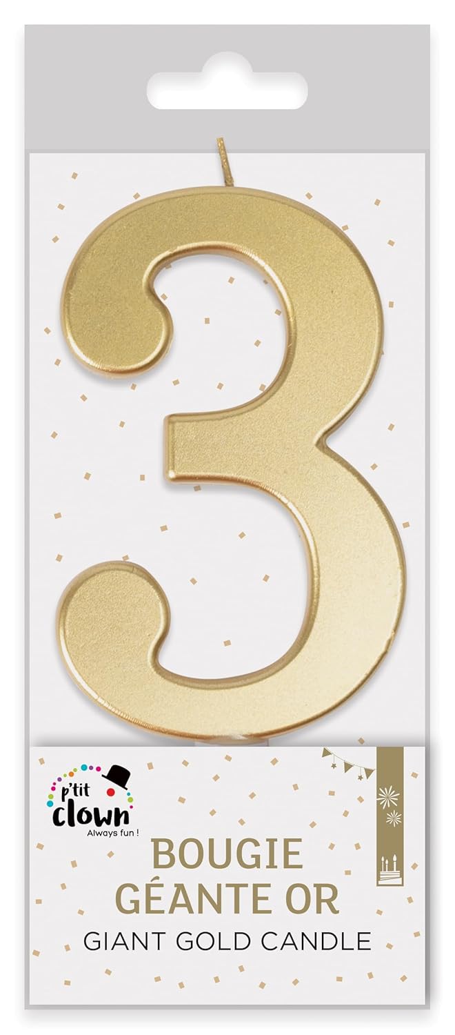 P'TIT CLOWN - Bougie Géante Anniversaire - Bougie Chiffre - Parfaite pour Décoration Gâteau - Fête Enfant, Adulte, Birthday Party - Hauteur : 13 cm - Or (3)