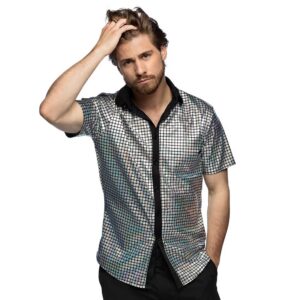 Boland - Chemise Disco, Argent, Chemise Disco Diamant, chemise homme manches courtes, chemise pour homme, top, chemise de soirée pour carnaval ou soirée déguisée