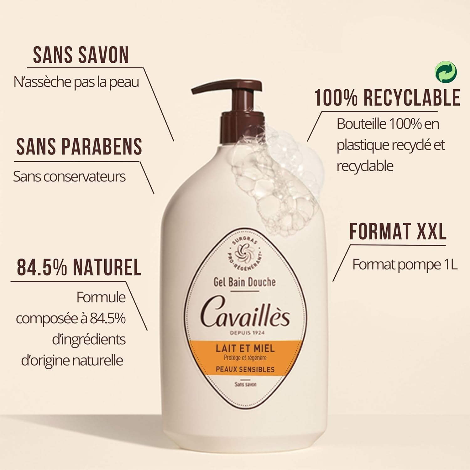 ROGÉ CAVAILLÈS — Gel bain douche peaux sensibles lait et miel 1 L – Image 4