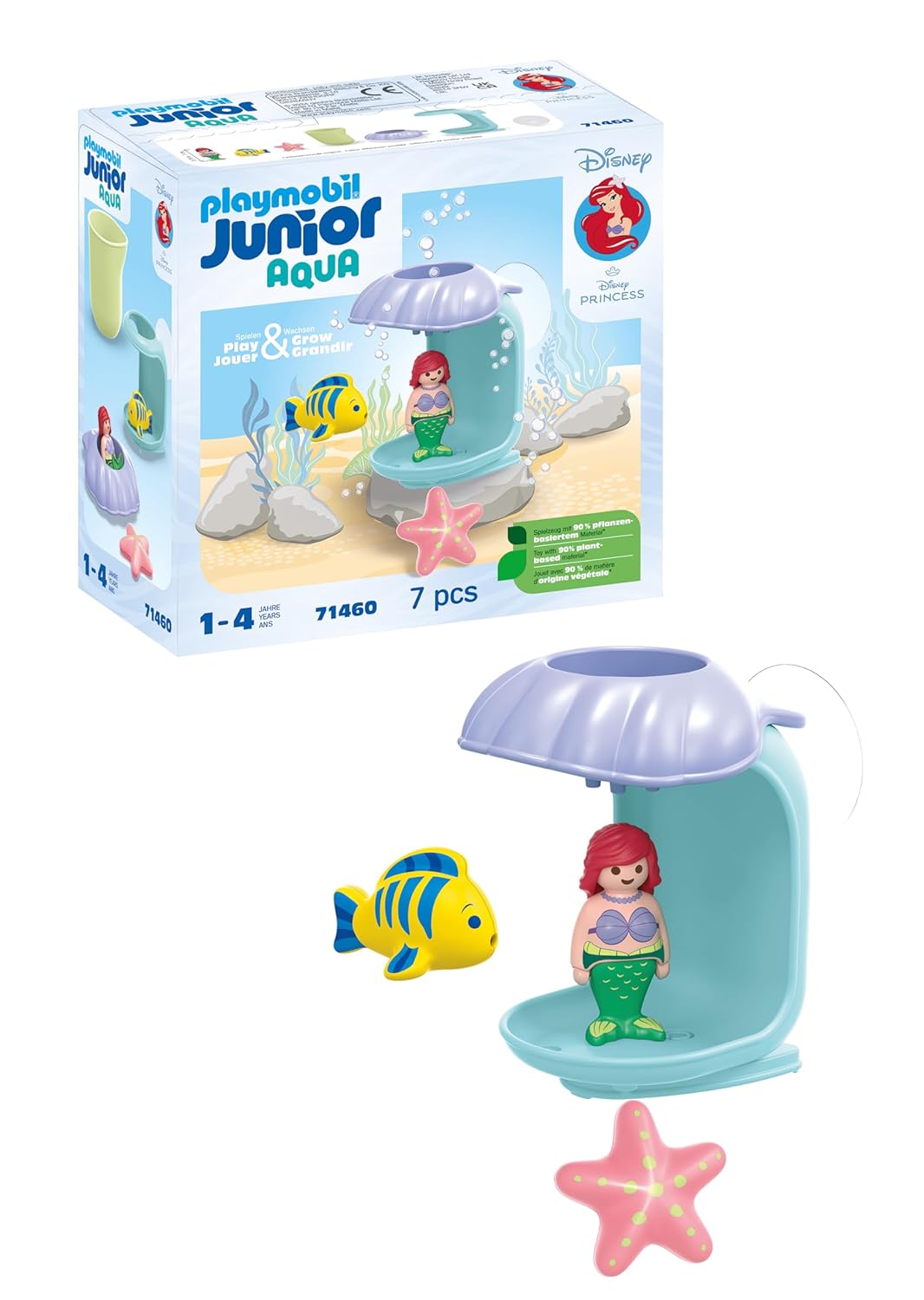 Playmobil 71460 Junior & Disney : Ariel avec Coquillage de Bain - Comprend Un Poisson et Un Coquillage - Jouet fabriqué à partir de matière d'origine végétale - Dès 12 Mois