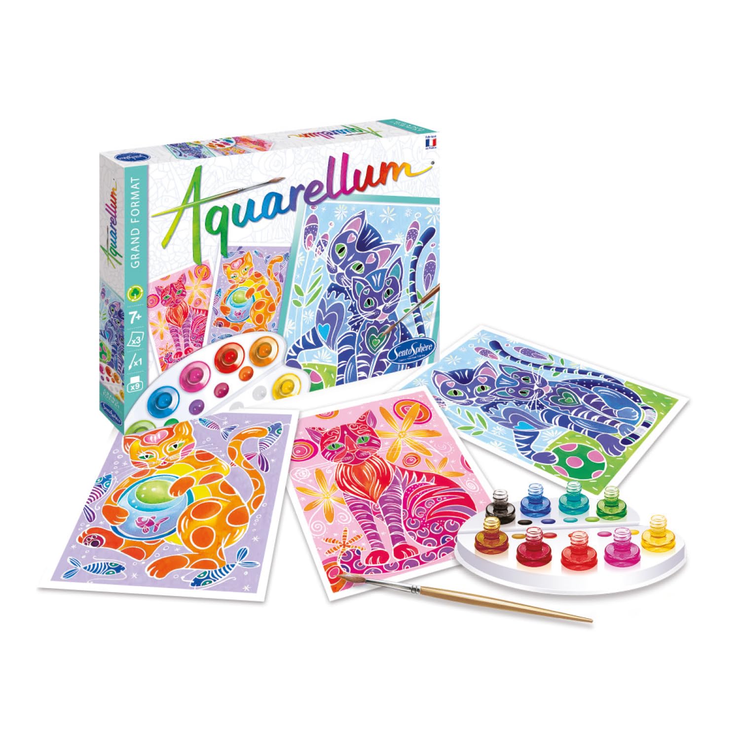 SentoSphère- Aquarellum grand format - CHATS - Kit peinture aquarellable - Activité créative avec 3 tableaux 32,5 x 25 cm – 9 peintures incluses - 7 à 99 ans - Fabriqué en France - 6280