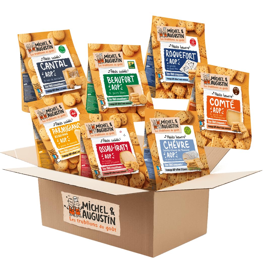 Michel & Augustin – Coffret Petits Beurre & Sablés Salés AOP 7×100g – Chèvre, Comté, Roquefort, Beaufort, Cantal, Ossau-Iraty, Parmigiano Reggiano – Idéal Apéritif, Coffret Terroir, Cadeau Gourmand