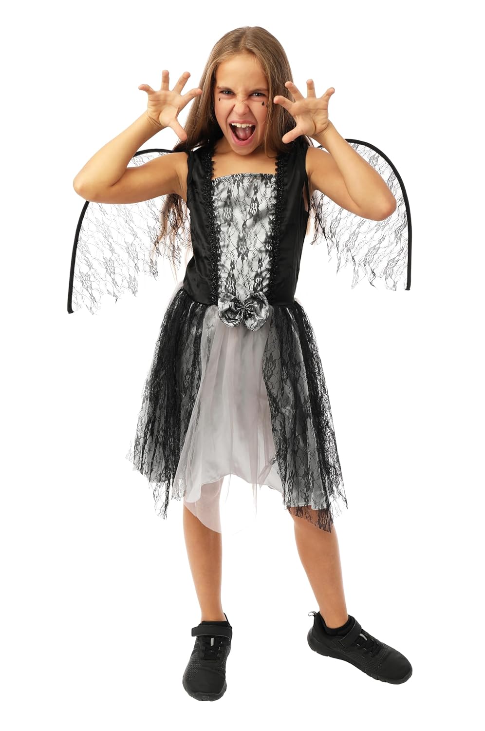 P'TIT CLOWN - Déguisement Fille Ange Déchu - Noir, Gris - Costume Enfant Parfait pour Halloween, Fêtes Costumées et Évènements à Thème (7-9 ans)