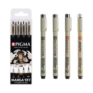 SAKURA Pigma Manga Set de 4 Sépia | Encre permanente, résistante à l'eau, tailles variées | Stylos pour dessins BD et illustrations