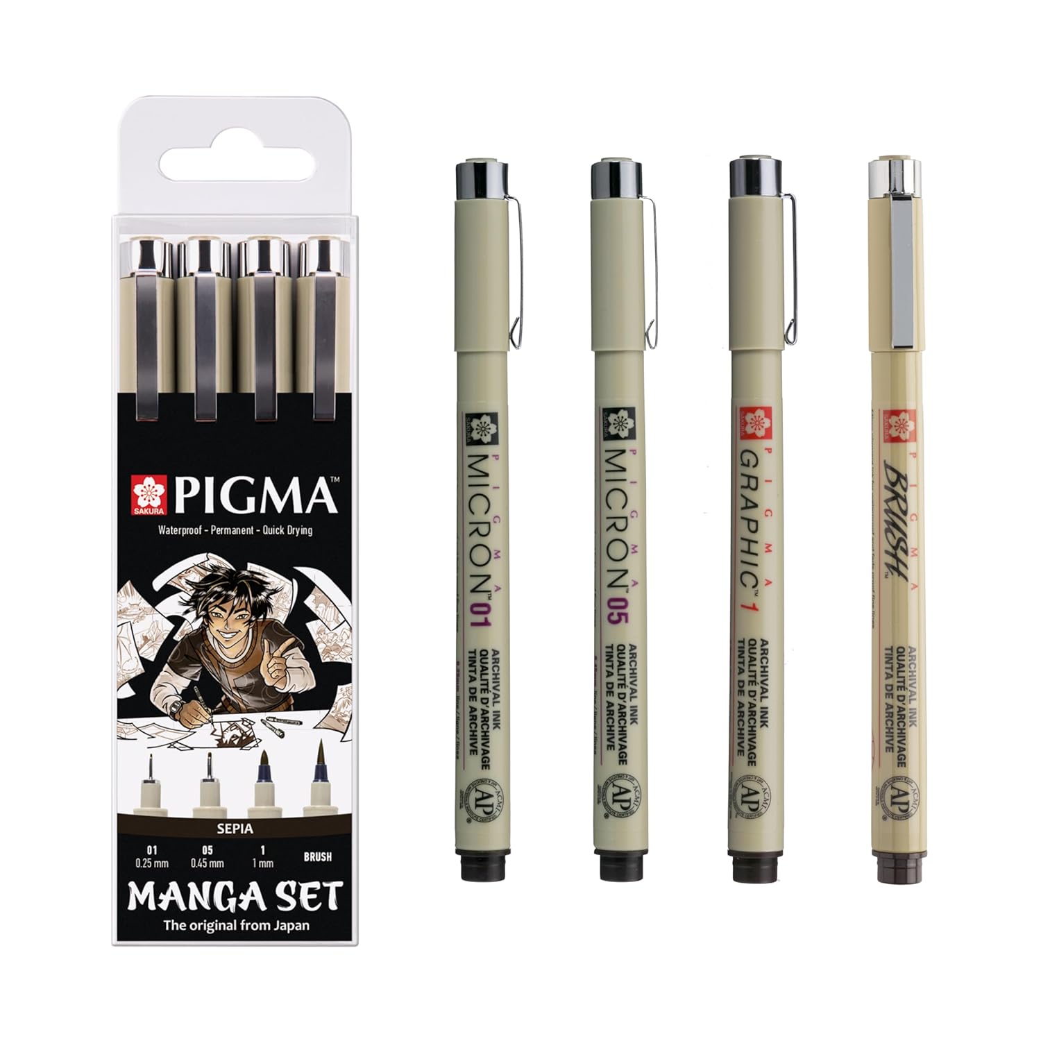 SAKURA Pigma Manga Set de 4 Sépia | Encre permanente, résistante à l'eau, tailles variées | Stylos pour dessins BD et illustrations