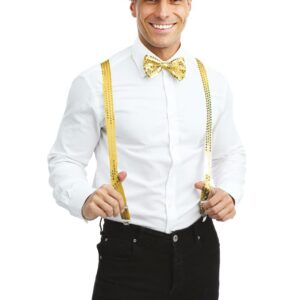 P'TIT CLOWN - 66679 - Set Disco à Sequins - Bretelles, Noeud Papillon, Chapeau - Parfait pour Nouvel an, Soirées Costumées, Années 70, Fêtes à Thèmes, Danse, Hip Hop - Adulte - Taille Unique - Or