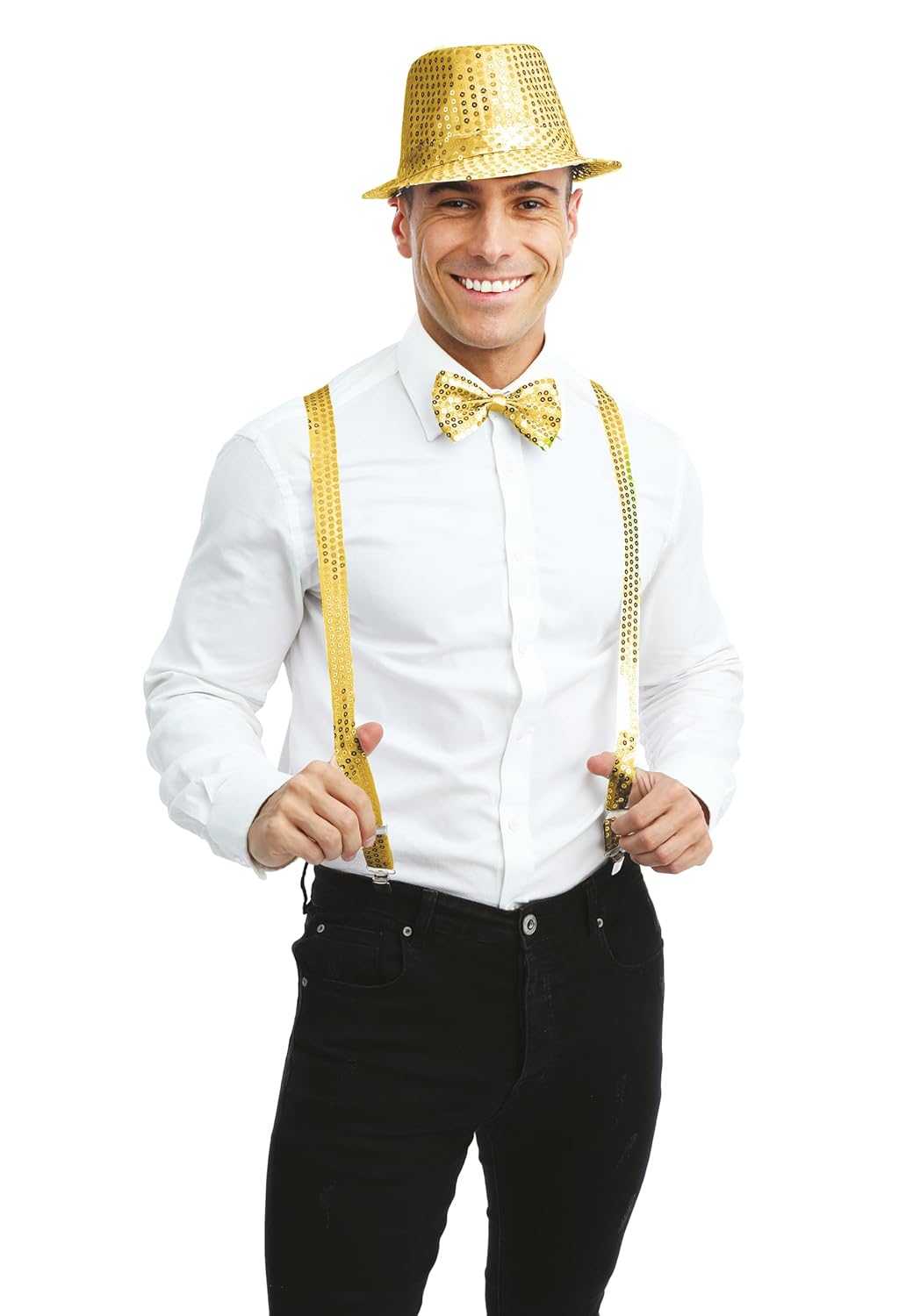 P'TIT CLOWN - 66679 - Set Disco à Sequins - Bretelles, Noeud Papillon, Chapeau - Parfait pour Nouvel an, Soirées Costumées, Années 70, Fêtes à Thèmes, Danse, Hip Hop - Adulte - Taille Unique - Or