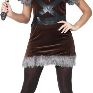 FIESTAS GUIRCA | Costume de Viking Femme (38-40/M) - Robe, Bandeau, Ceinture et Cornes - Costumes de Guerrière Nordique pour Halloween, Carnaval et Fêtes de Vikings - Marron et Gris